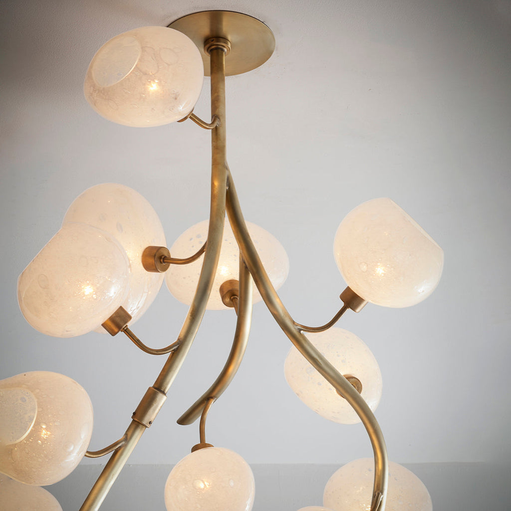 Modern Chandelier with Irregular Glass Lampshades and Brass Branches
