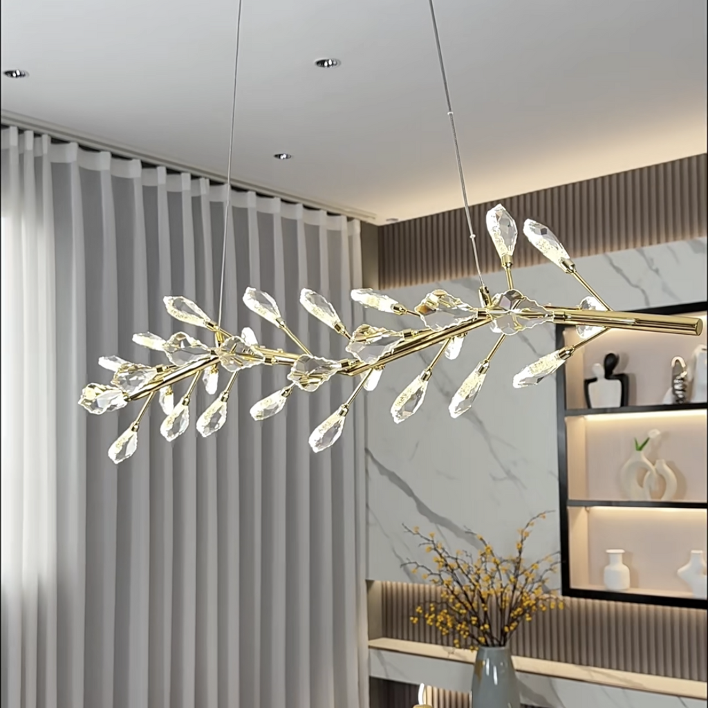 Sleek Modern Branch Crystal Leaves Linear Chandelier for Kitchen Island and Dining Room