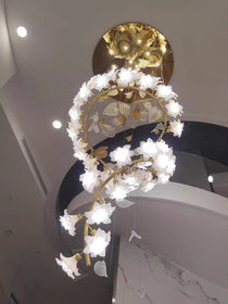 Ceramic Flower Chandelier in Artistic Brass Branch Design