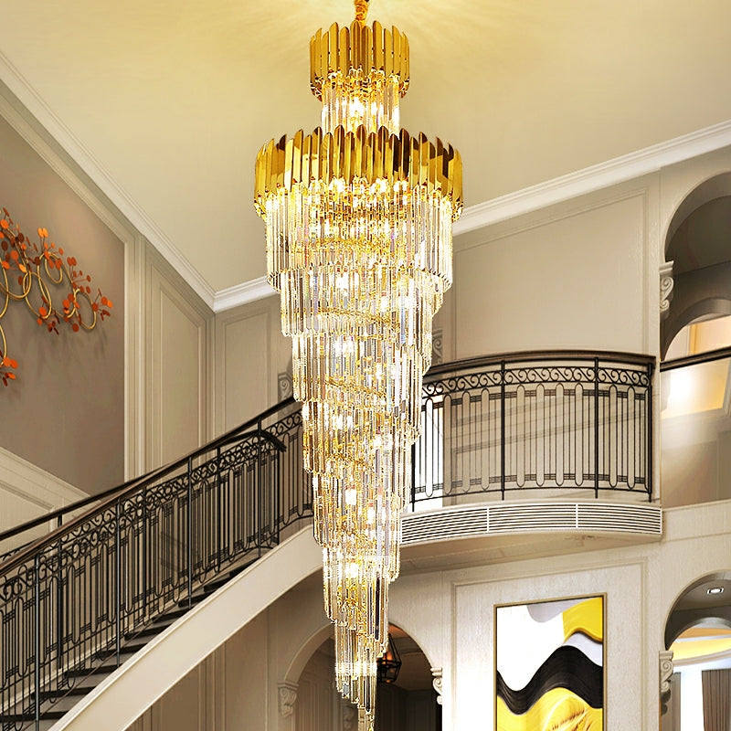 Luxury Gold Trimmed Long Crystal Chandelier Foyer Staircase Extra Large Ceiling Light Fixture Main image
