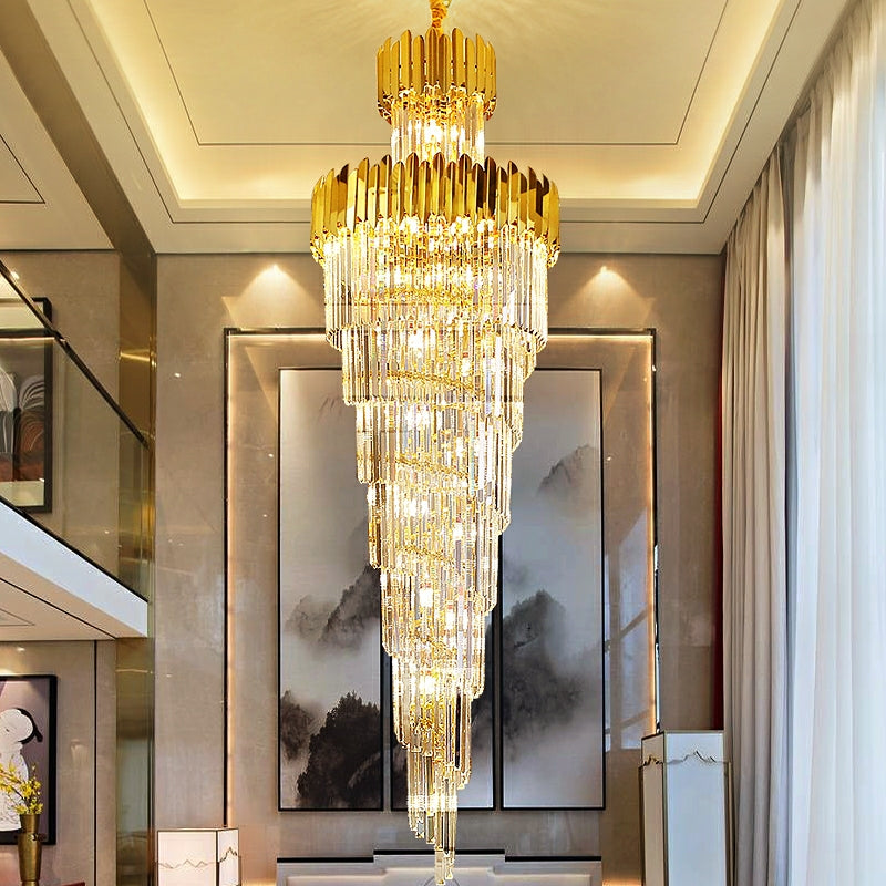 Luxury Gold Trimmed Long Crystal Chandelier Foyer Staircase Extra Large Ceiling Light Fixture Secondary image