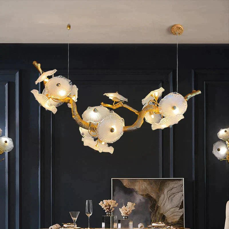 Modern Leaf Glass Flower Linear Branch Chandelier, Island Chandelier Main image
