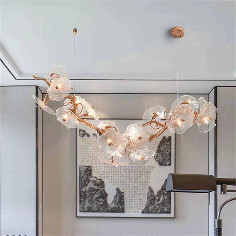 Modern Leaf Glass Flower Linear Branch Chandelier, Island Chandelier Secondary image