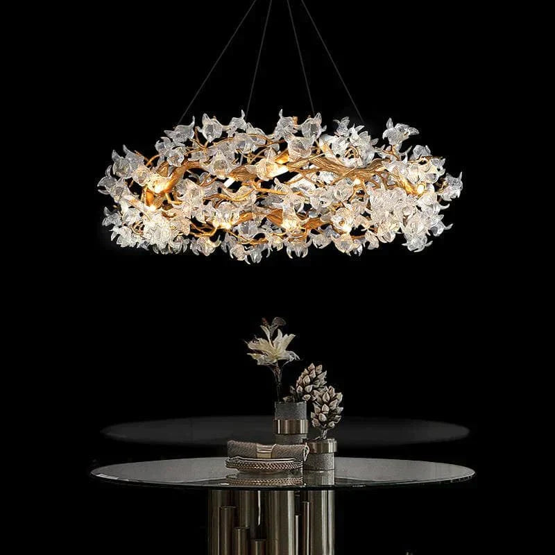 Modern Petal Crystal Round Brass Branch Chandelier For Living Room