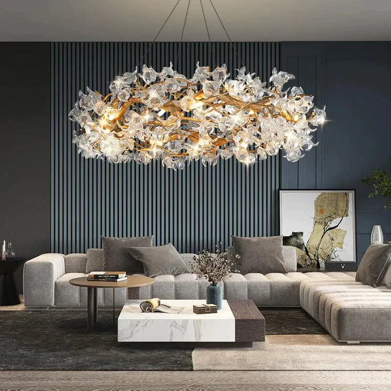 Modern Petal Crystal Round Brass Branch Chandelier For Living Room