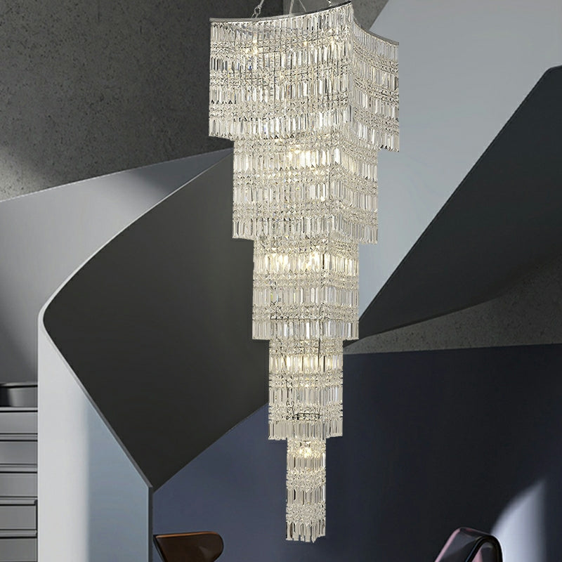 Extra Large Foyer Vertical Layers K9 Crystal Chandelier Chrome Ceiling Lighting Fixture For Staircase Entryway Decor