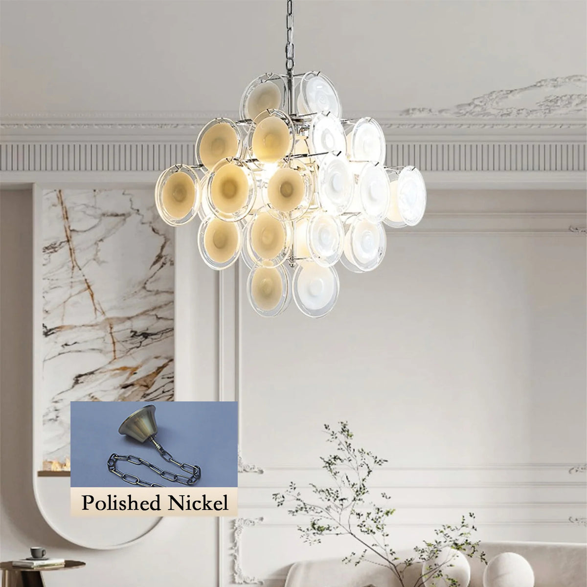 Murano Disc White Clear Glass Chandelier
