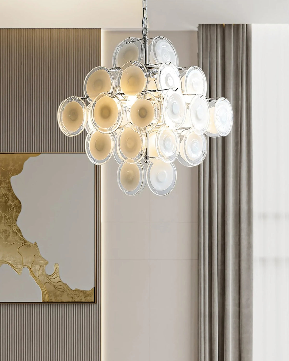 Murano Disc White Clear Glass Chandelier