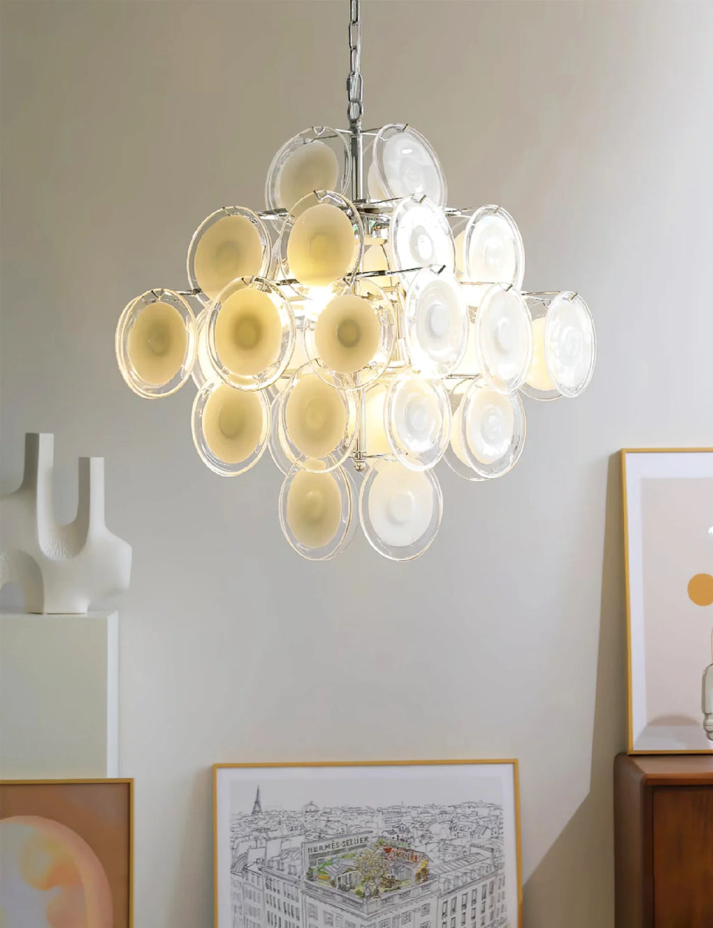 Murano Disc White Clear Glass Chandelier
