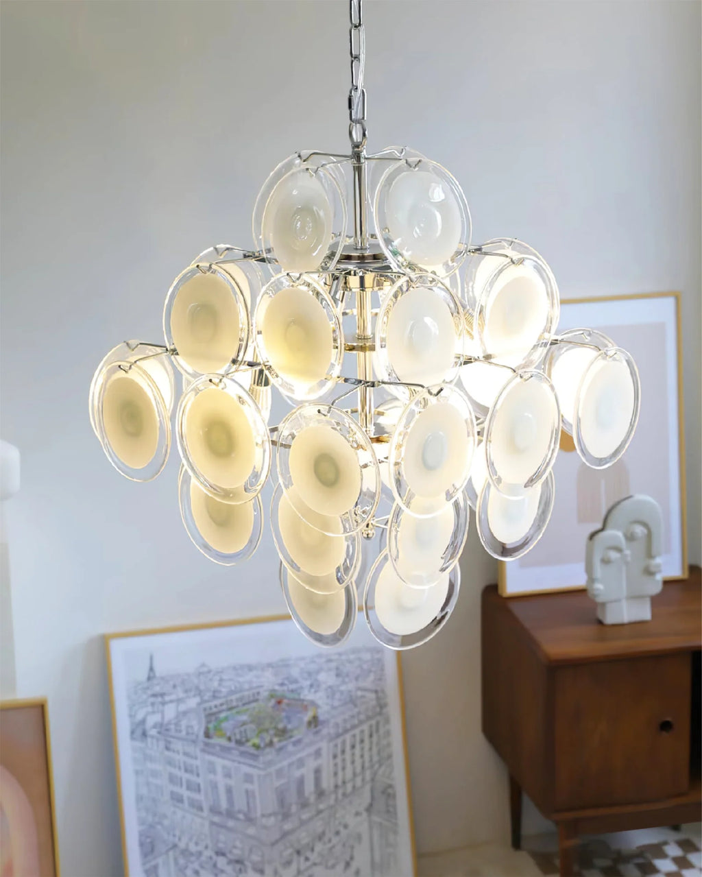 Murano Disc White Clear Glass Chandelier