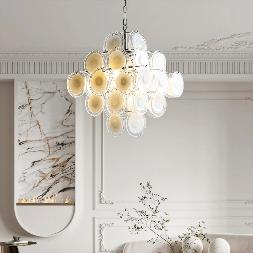 Murano Disc White Clear Glass Chandelier