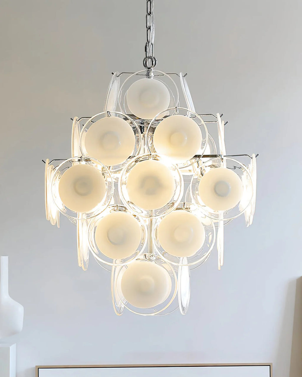 Murano Disc White Clear Glass Chandelier
