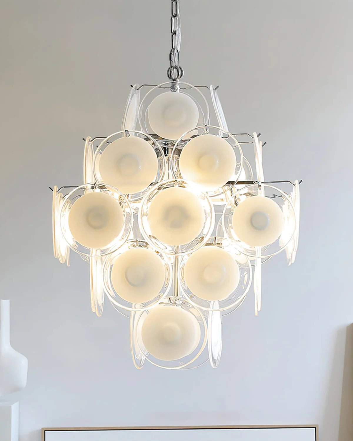Murano Disc White Clear Glass Chandelier