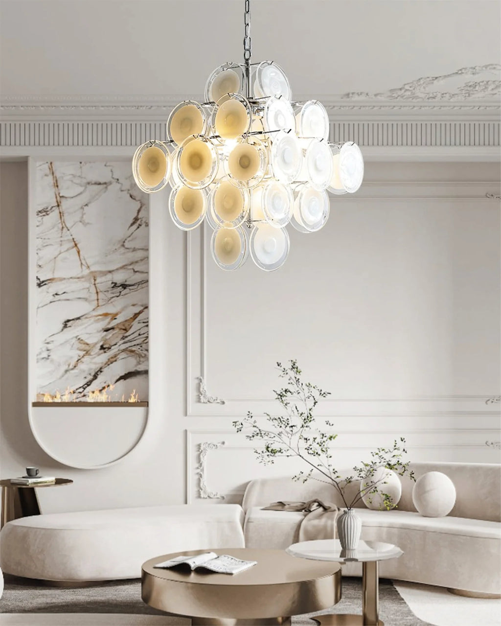 Murano Disc White Clear Glass Chandelier
