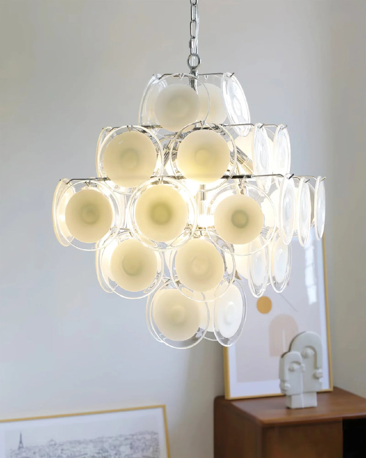 Murano Disc White Clear Glass Chandelier