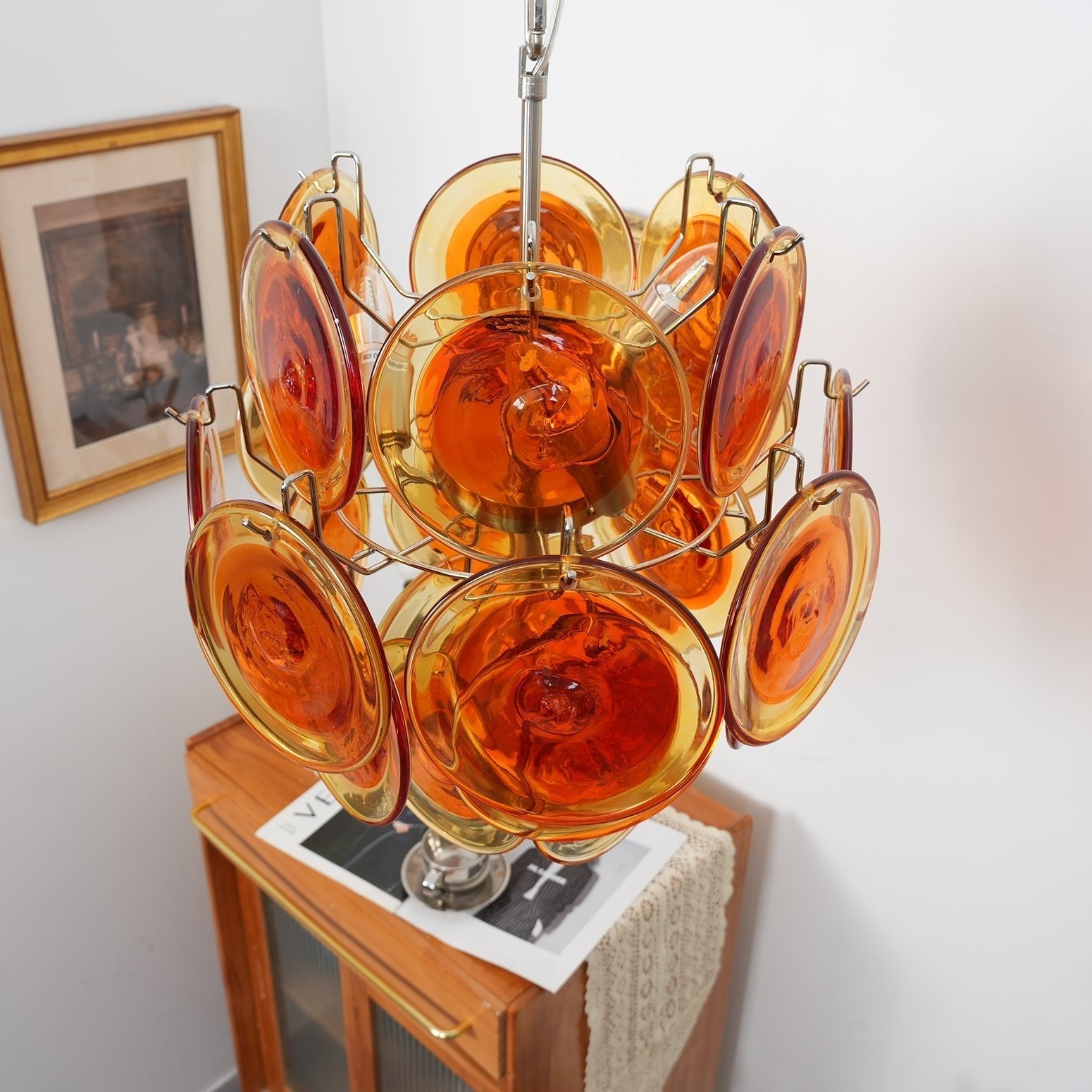 Orange Transparent Murano Glass Disc Chandelier