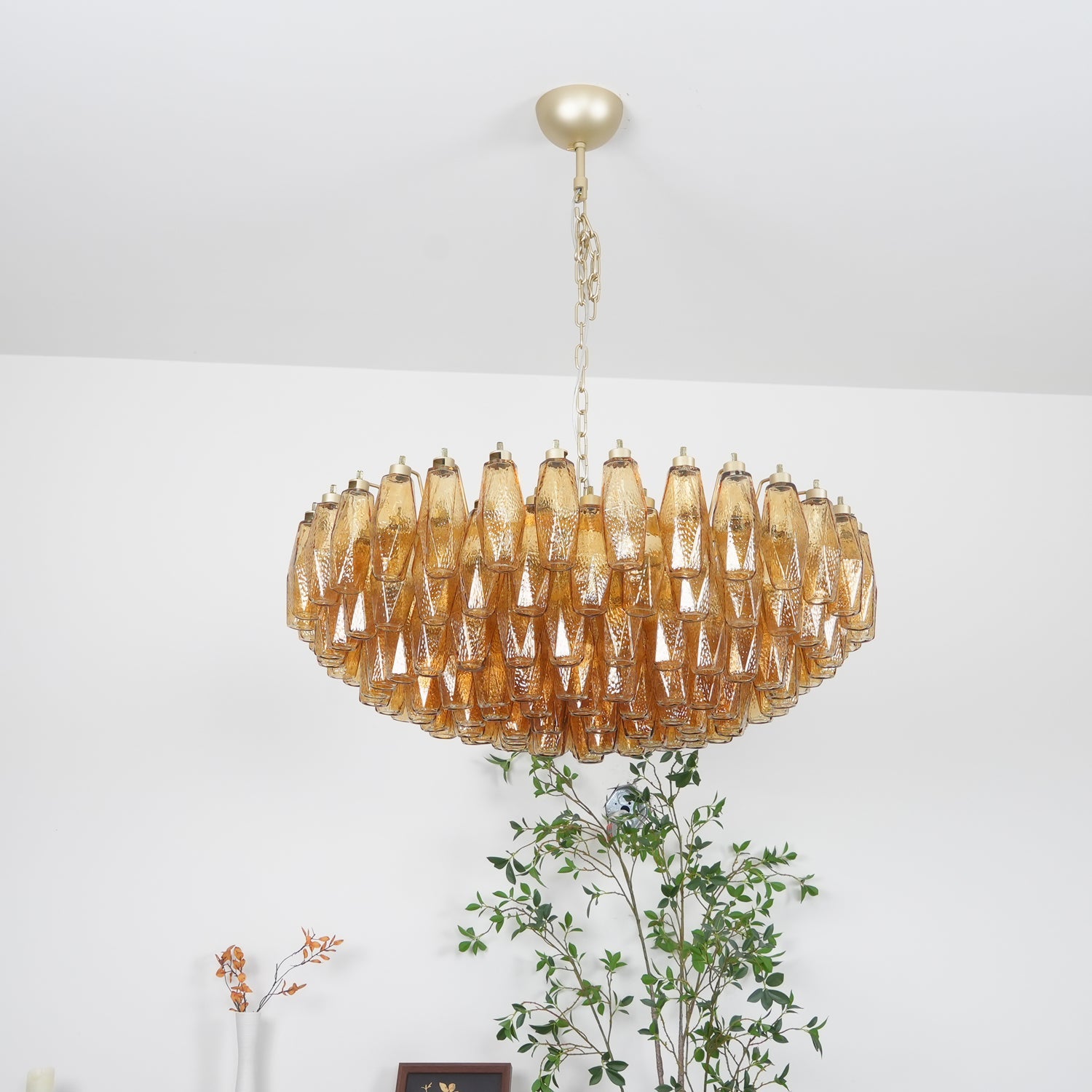 Designer Murano Rhombus Amber Glass Chandelier