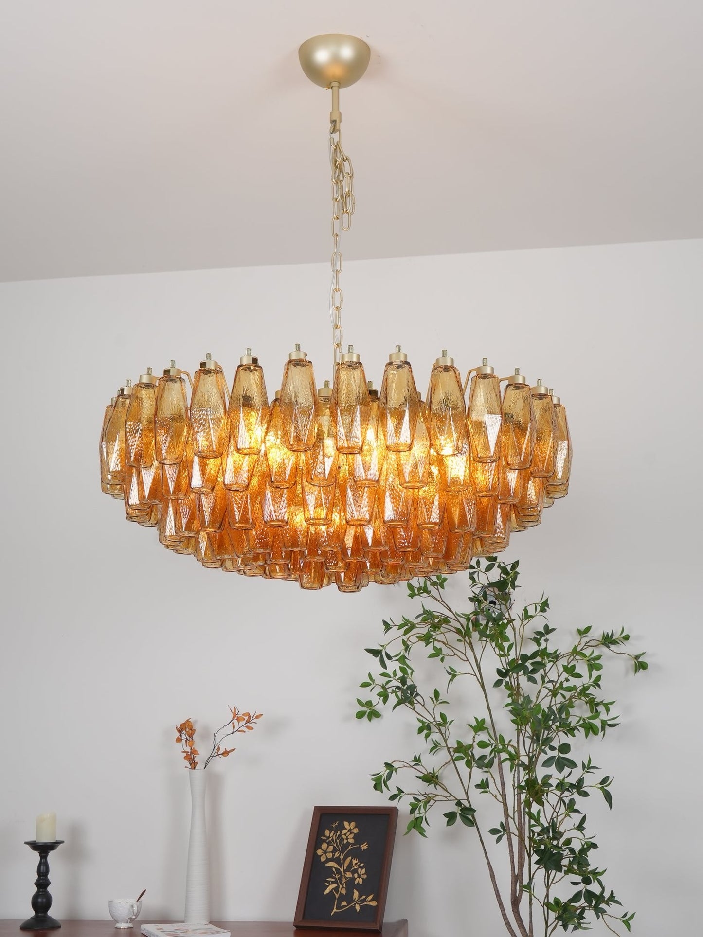 Designer Murano Rhombus Amber Glass Chandelier