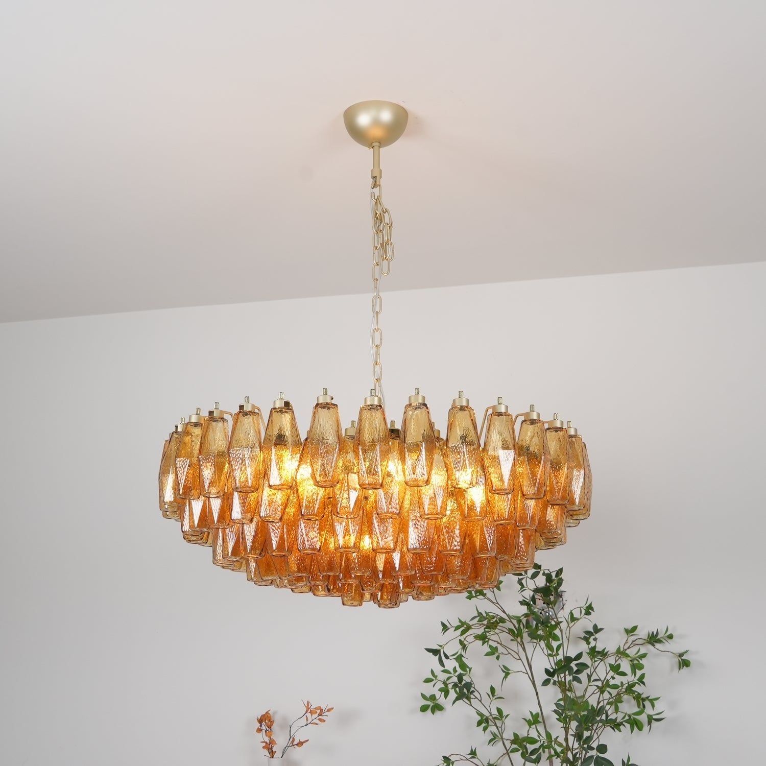 Designer Murano Rhombus Amber Glass Chandelier