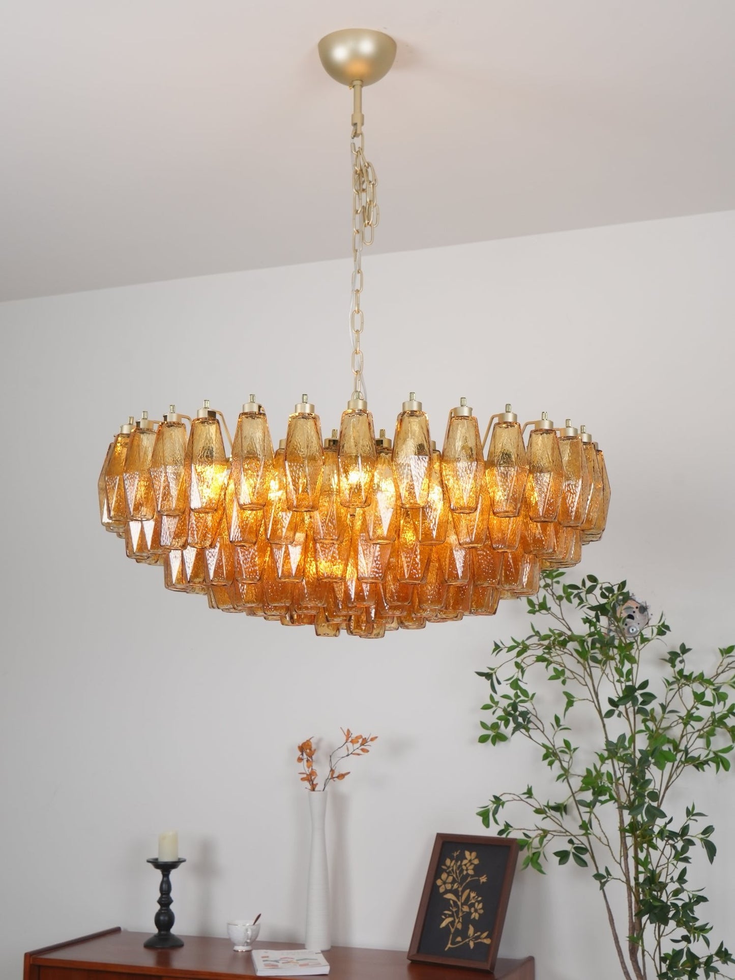 Designer Murano Rhombus Amber Glass Chandelier