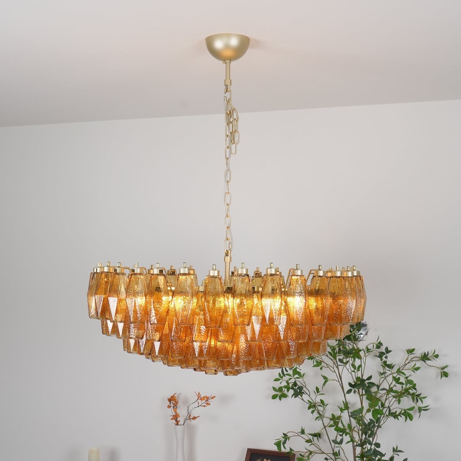 Designer Murano Rhombus Amber Glass Chandelier