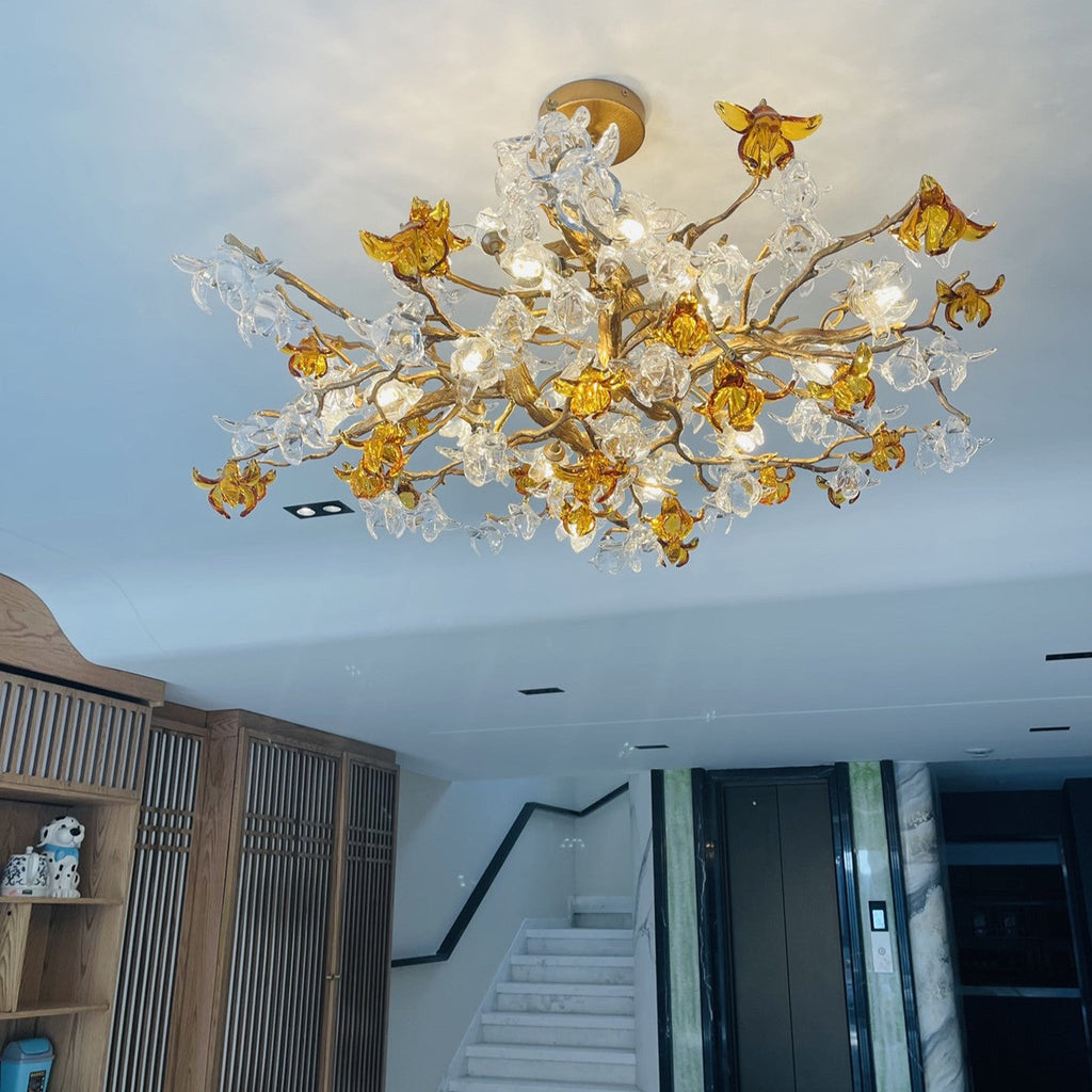 Brass Branch Artistic Flower Crystal Chandelier For Dining Room Living Room Kitchen Island