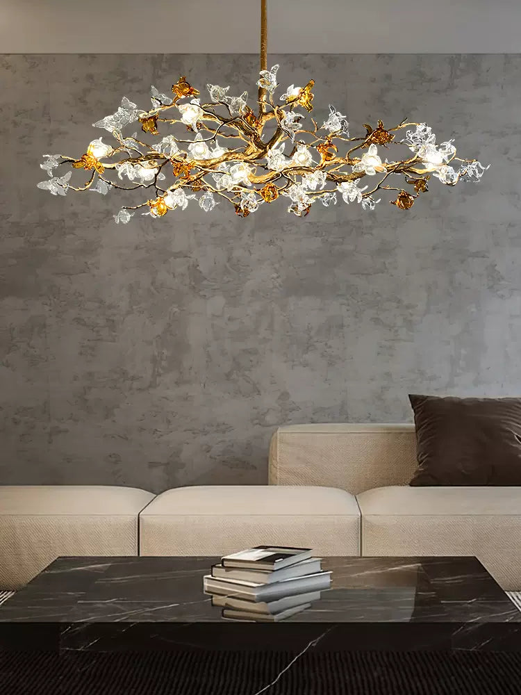 Brass Branch Artistic Flower Crystal Chandelier For Dining Room Living Room Kitchen Island