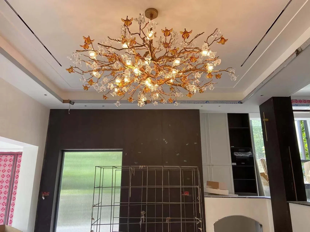 Brass Branch Artistic Flower Crystal Chandelier For Dining Room Living Room Kitchen Island