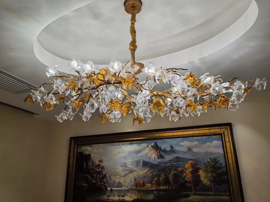 Brass Branch Artistic Flower Crystal Chandelier For Dining Room Living Room Kitchen Island