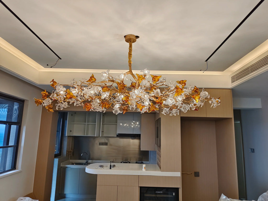 Brass Branch Artistic Flower Crystal Chandelier For Dining Room Living Room Kitchen Island