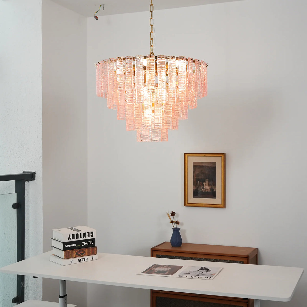 Pink Ridged Glass Rectangle Chandelier