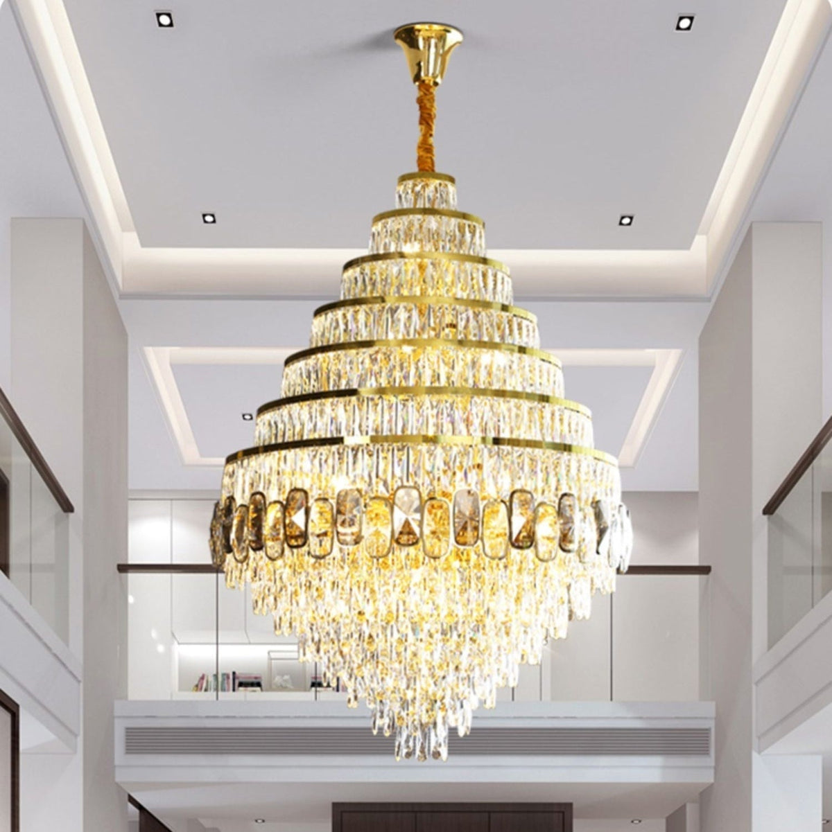 Honeycomb Shaped Ceiling Chandelier Extra Large Crystal Light Fixture For Foyer Staircase/ Entryway In Gold Finish Main image