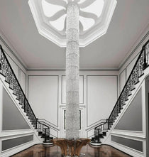 Oversized Silver Crystal Long Ceiling Chandelier Art Designer Column Waterfall Decorative Staircase Light Fixture