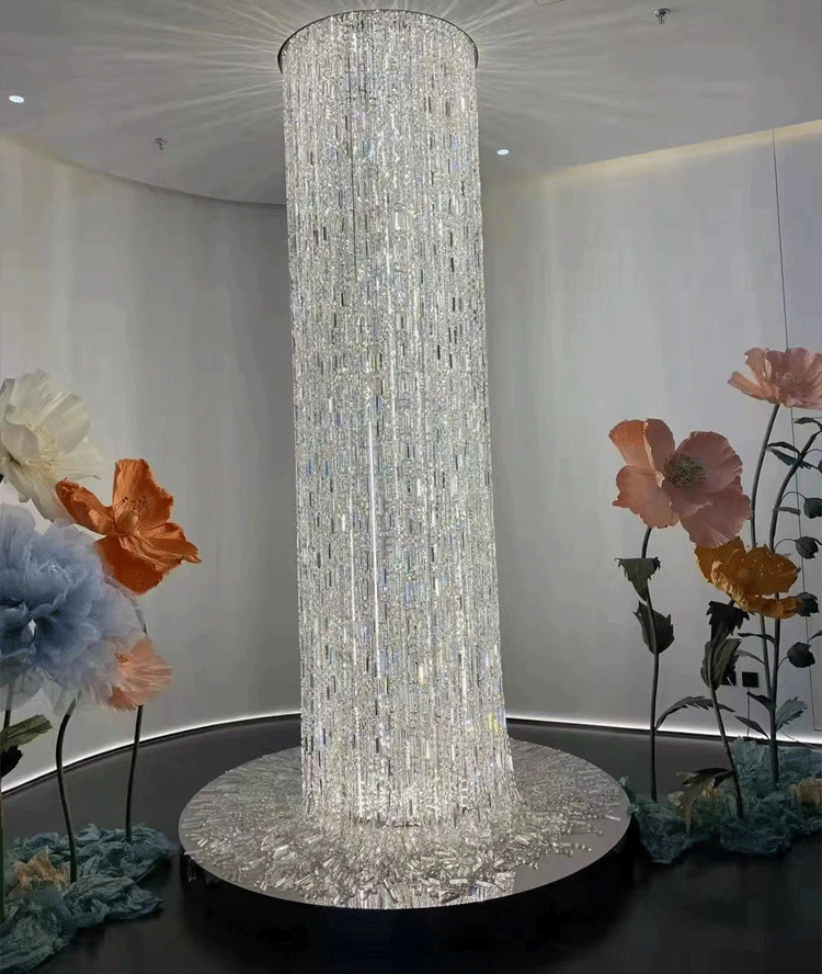 Oversized Silver Crystal Long Ceiling Chandelier Art Designer Column Waterfall Decorative Staircase Light Fixture