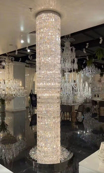 Oversized Silver Crystal Long Ceiling Chandelier Art Designer Column Waterfall Decorative Staircase Light Fixture
