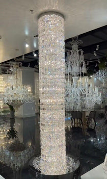 Oversized Silver Crystal Long Ceiling Chandelier Art Designer Column Waterfall Decorative Staircase Light Fixture