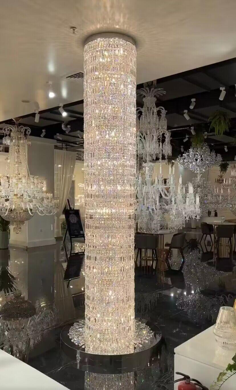Oversized Silver Crystal Long Ceiling Chandelier Art Designer Column Waterfall Decorative Staircase Light Fixture