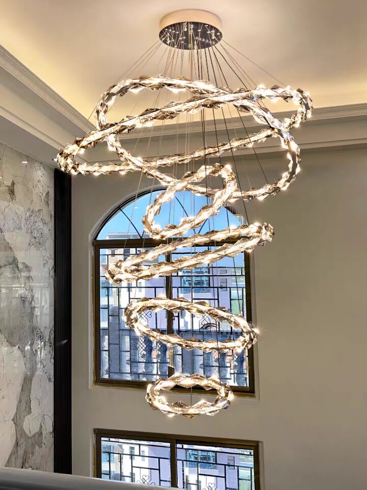 Oversized Multi-Tiered Rings Crystal Chandelier Modern Clear and Grey Crystal Ceiling Light Fixture For Staircase/Foyer/Hallway/Entryway Secondary image