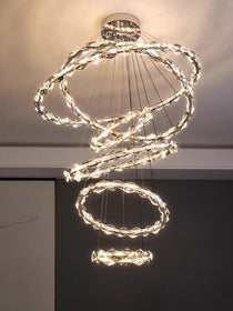 Oversized Multi-Tiered Rings Crystal Chandelier Modern Clear and Grey Crystal Ceiling Light Fixture For Staircase/Foyer/Hallway/Entryway