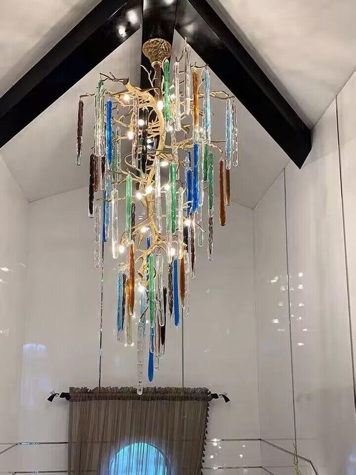 Modern Light Luxury Brass Branches Colored Glass Column Chandelier for Staircase/Living Room/High-ceiling Space