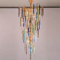 Modern Light Luxury Brass Branches Colored Glass Column Chandelier for Staircase/Living Room/High-ceiling Space