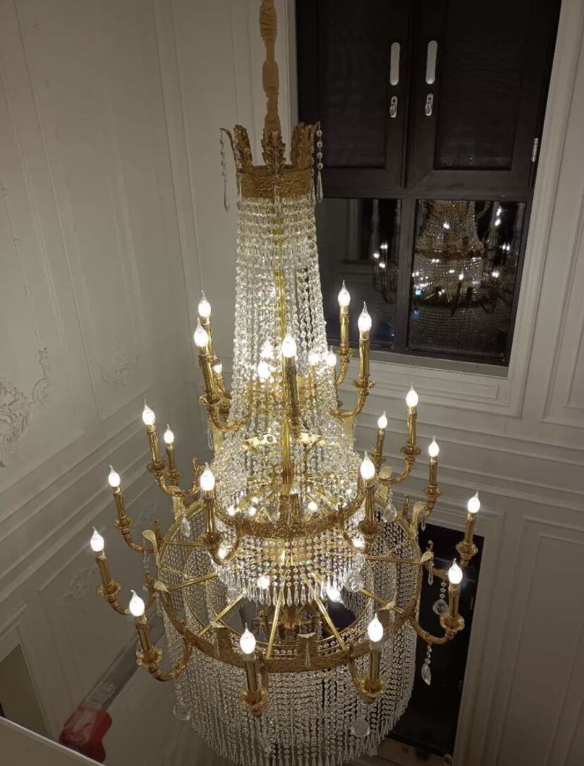 Stunning Oversized Luxury Golden Metal Candle Crystal Tassel Chandelier  For High-ceiling Staircase/Entryway/Living/Meeting Room