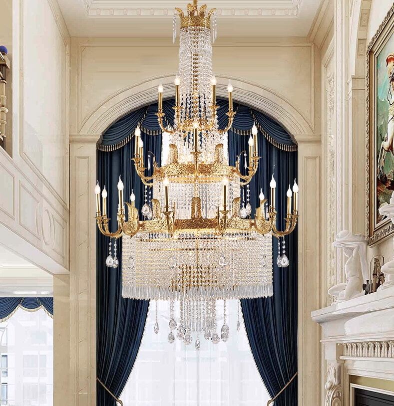 Stunning Oversized Luxury Golden Metal Candle Crystal Tassel Chandelier  For High-ceiling Staircase/Entryway/Living/Meeting Room