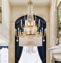 Stunning Oversized Luxury Golden Metal Candle Crystal Tassel Chandelier  For High-ceiling Staircase/Entryway/Living/Meeting Room