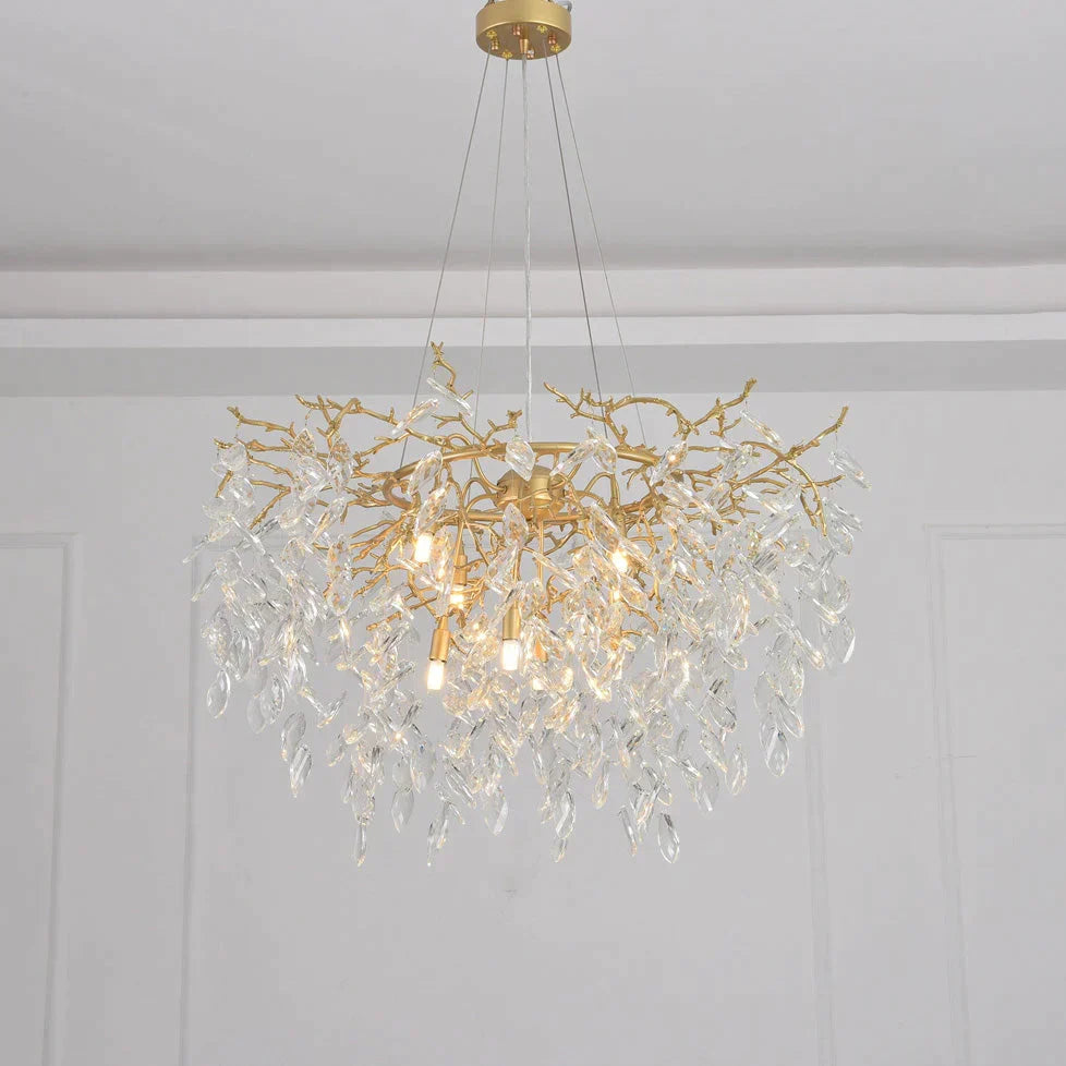 Round Gold Clear Modern Crystal Branch Chandelier