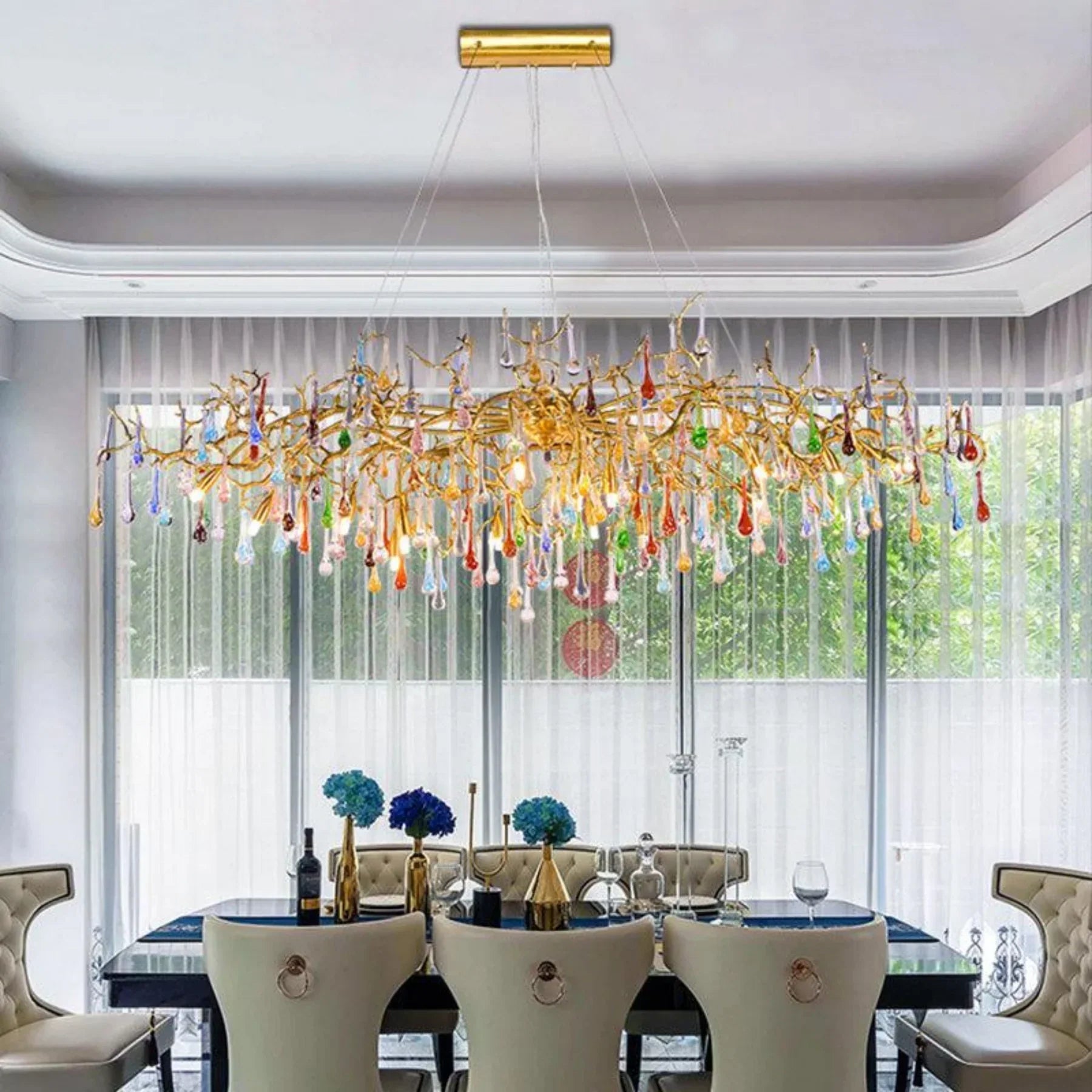 Raindrop Colorful Crystal Long Dining Branch Chandelier