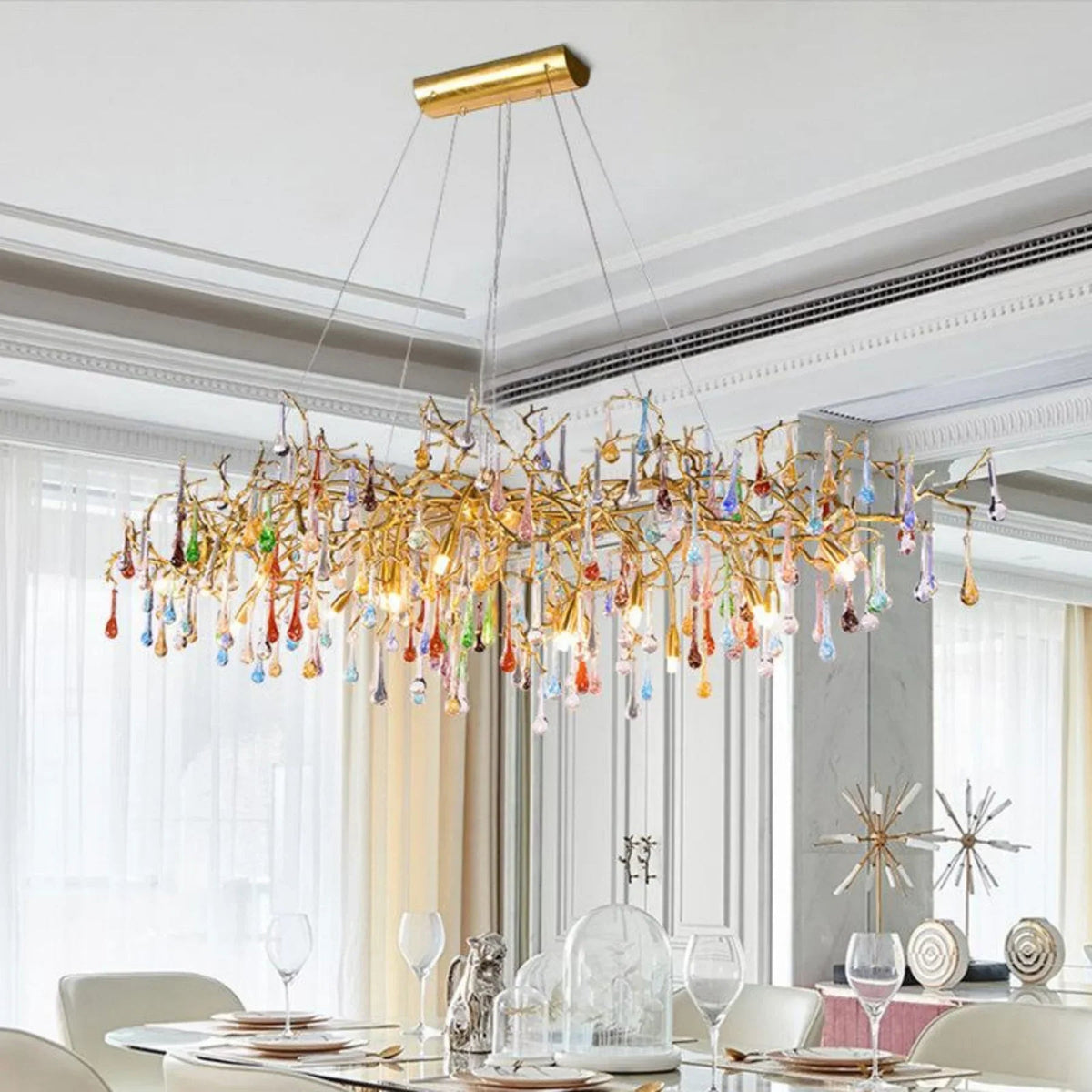 Raindrop Colorful Crystal Long Dining Branch Chandelier