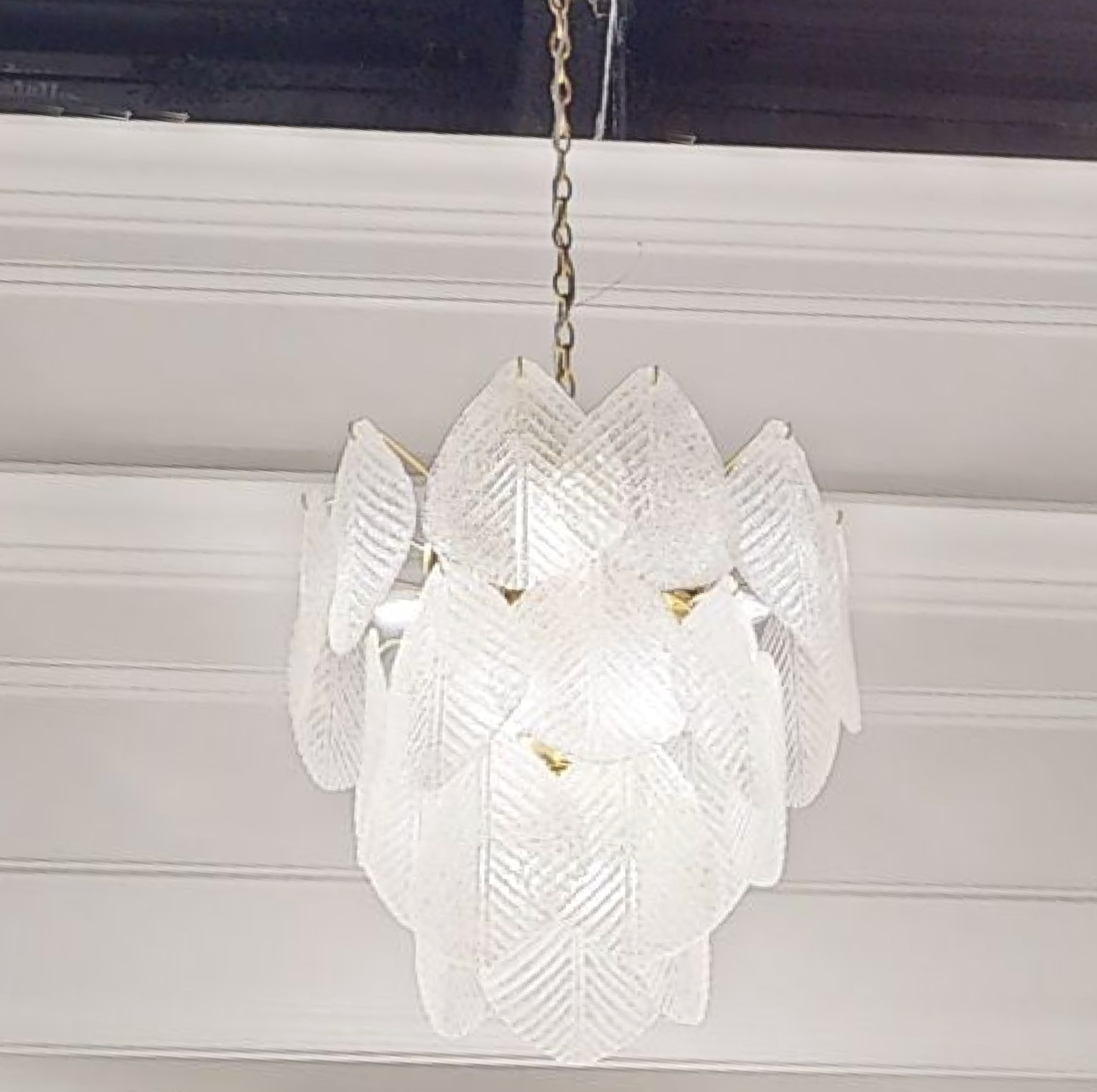 Antique Gold Frosted Glass Nine-Light Chandelier with Cascading Petal Design