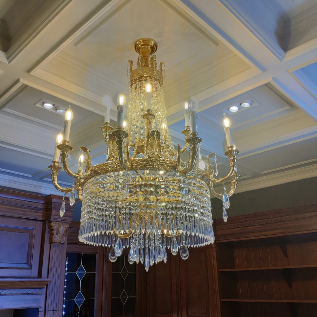Stunning Oversized Luxury Golden Metal Candle Crystal Tassel Chandelier  For High-ceiling Staircase/Entryway/Living/Meeting Room