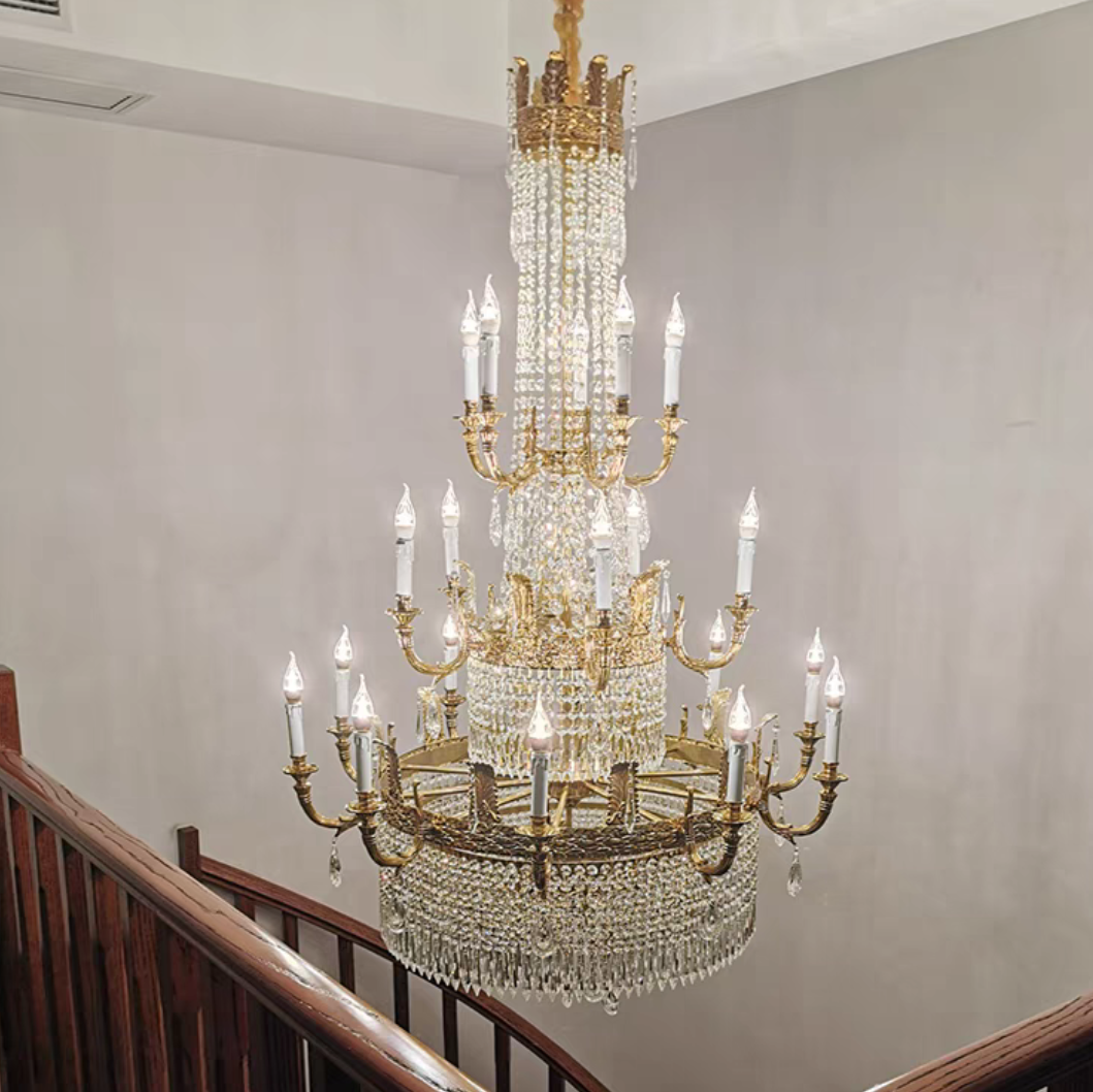 Stunning Oversized Luxury Golden Metal Candle Crystal Tassel Chandelier  For High-ceiling Staircase/Entryway/Living/Meeting Room